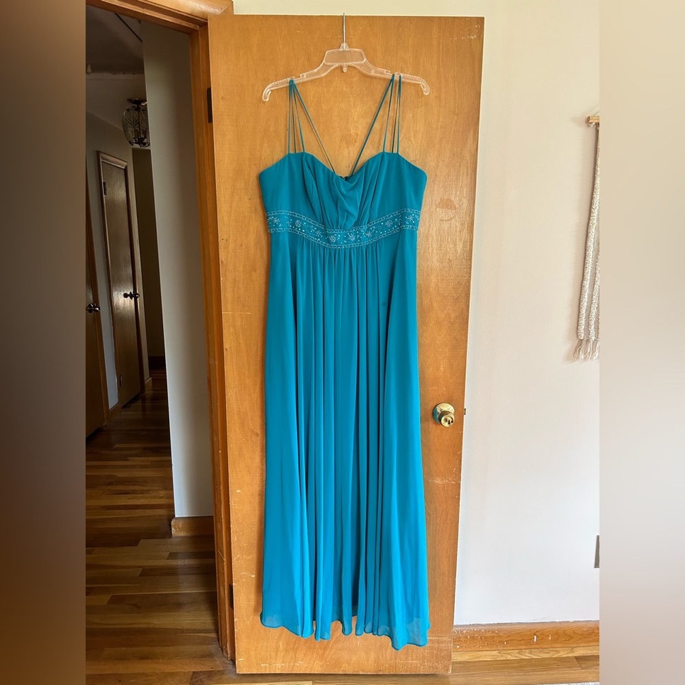 David’s Bridal Spaghetti Strap Beaded Empire Bridesmaid or Prom Dress in Oasis